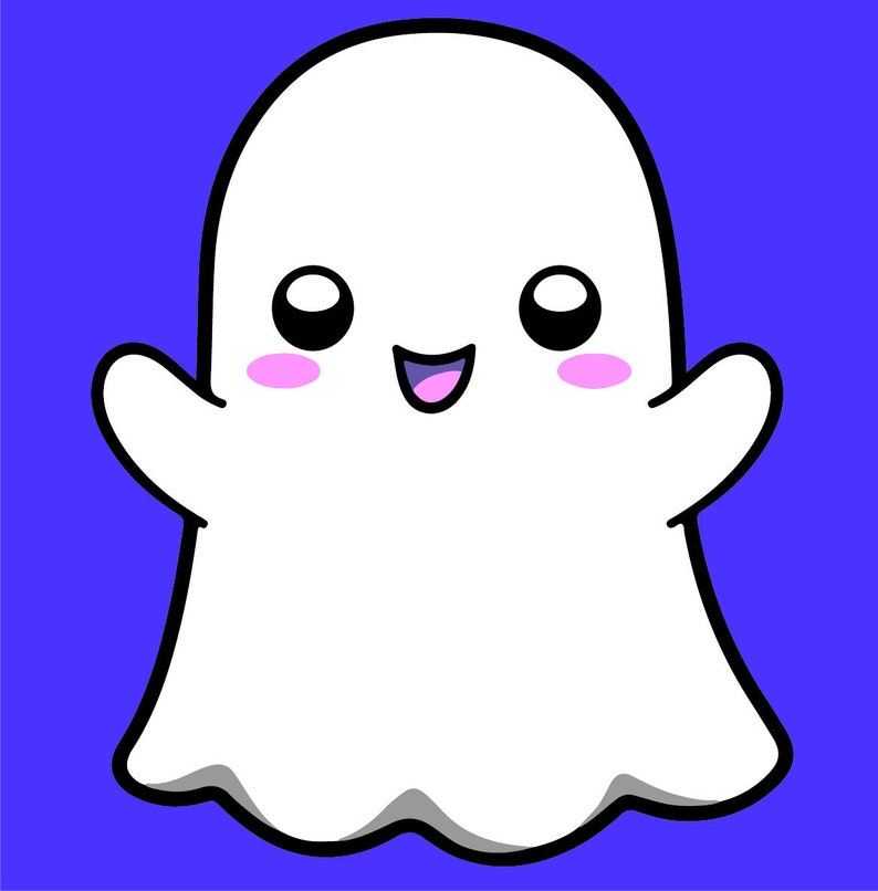 May include: A white cartoon ghost with a big smile and pink cheeks. The ghost has large black eyes and is outlined in black.
