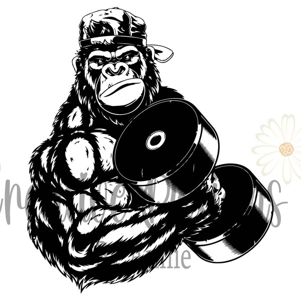 Gorilla lifting weights, Gym gorilla, monkey, animal, fitness gorilla, gym animal, instant digital download - Ai-EPS-PNG-SVG