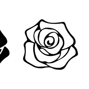 May include: Three black and white silhouette images of roses. The roses are stylized and have a simple design.