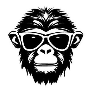 Puede incluir: Ilustración en blanco y negro de un mono con gafas de sol. El mono tiene una expresión amigable y mira directamente al espectador.