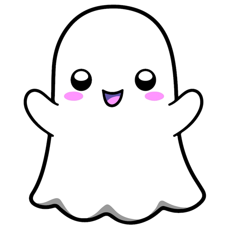 May include: A cartoon ghost with a white body and black outline. The ghost has large, black eyes, a wide, open mouth, and pink cheeks. The ghost is smiling.