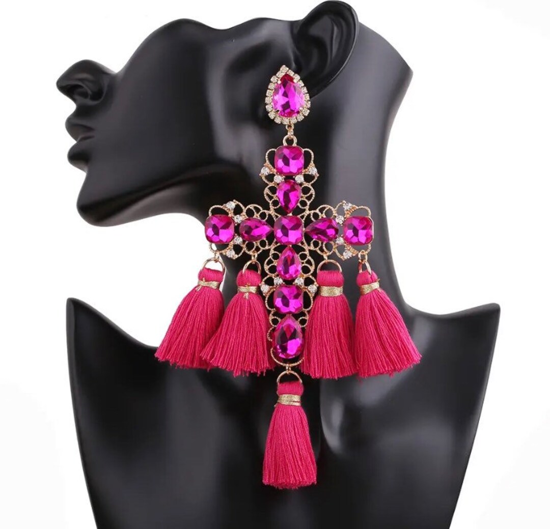 FUCHSIA Earrings,fuchsia Tassel Earrings,fuchsia Cross Earrings ...