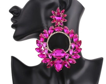 Hot Pink earrings | Oversized Rhinestone Earrings | Crystal Earrings | Pageant Earrings| Prom Earrings |Statement Earrings | Hoop Earrings