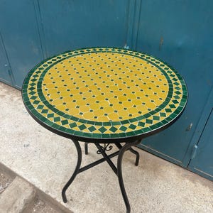 Handmade Moroccan Mosaic Table: Green & Yellow  Zellige Tile, Round Outdoor Accent