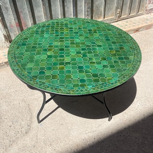 Handmade Moroccan Mosaic Table: Emerald Green Rustic Round Patio Table