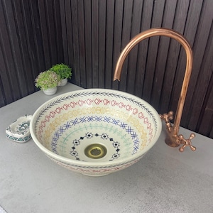 Hand-Painted Moroccan Ceramic Sink: Amazigh Tribal Symbols, Farmhouse Vanity