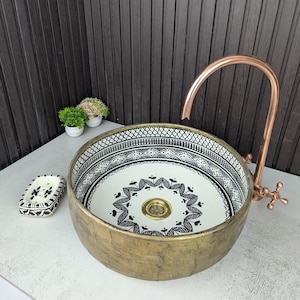Hand-Painted Moroccan Ceramic Vessel Sink: Floral Brass Bathroom Bowl
