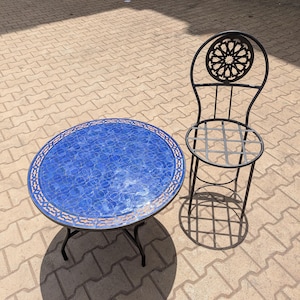 Graved Blue Moroccan Mosaic Round Table Handmade , Handcrafted Round Moroccan Outdoor/ Indoor Mosaic, Custom Garden Patio Mosaic Table