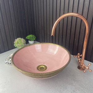 Pink Moroccan Ceramic Vessel Sink: Hand-Painted Brass Bathroom Bowl