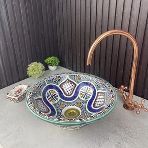 Colorful Handcrafted Floral Vessel Sink- Hand-Painted Moroccan ceramic Sink- Custom Made Vessel Sink - Handmade Bathroom Ceramic Bowl Basin