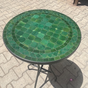 Mixte Dark Green Moroccan Mosaic Round Table Handmade , Handcrafted Round Moroccan Outdoor/ Indoor Mosaic, Custom Garden Patio Mosaic Table
