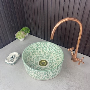 Hand-Painted Moroccan Ceramic Vessel Sink: Round Floral Wash Basin