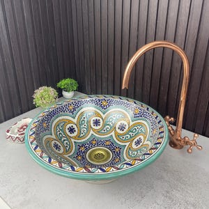 Handmade Bathroom Ceramic Bowl Basin - Colorful Handcrafted Floral Vessel Sink- Hand-Painted Moroccan ceramic Sink- Custom Made Vessel Sink