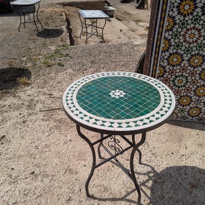 Green & White Moroccan Mosaic Round Table Handmade , Handcrafted Round Moroccan Outdoor/ Indoor Mosaic, Custom Garden Patio Mosaic Table