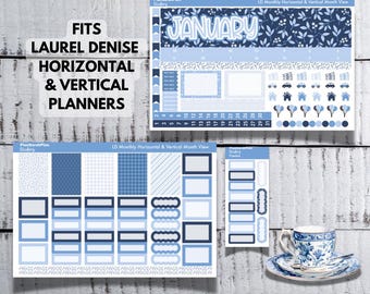 JANUARY 2025 Delft Pottery Sticker Kit for Laurel Denise Dated Horizontal and Vertical Planner Month View