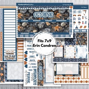 May include: A set of decorative planner stickers featuring an autumn theme with dark blue, brown, and orange colors. The sheets include calendar headers, date markers, and icons of sweaters, leaves, and stones. Text includes October, Sunday, Monday, Tuesday, Wednesday, Thursday, Friday, Saturday, and Fits 7x9 Erin Condren.