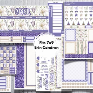 May include: A collection of planner stickers in shades of purple, beige, and white. The stickers feature floral designs, calendar dates, and decorative elements. Text includes "April", "Fits 7x9 Erin Condren", and various phrases.