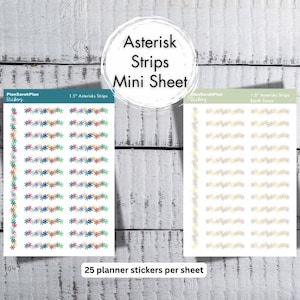 May include: Two sheets of planner stickers with asterisk designs. One sheet features colorful asterisks, the other has earth-toned asterisks. The text on the image reads "Asterisk Strips Mini Sheet" and "25 planner stickers per sheet."