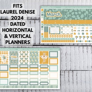 May include: A planner sticker sheet with a spring theme. The stickers include a March calendar, decorative elements, and the text "Happy Easter!" in a variety of colors, including green, yellow, and white. The text "FITS LAUREL DENISE 2024 DATED HORIZONTAL & VERTICAL PLANNERS" is also visible.
