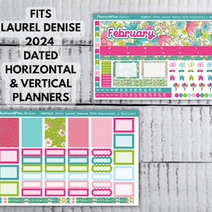 May include: A set of planner stickers with a floral design in pink, green, and blue. The stickers are for a monthly planner and include boxes, labels, and decorative elements. The stickers are designed to fit Laurel Denise 2024 dated horizontal and vertical planners.