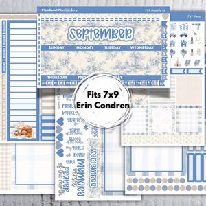 May include: A set of blue and cream planner stickers featuring a September monthly calendar header, day labels, decorative icons, and text including "Fits 7x9 Erin Condren," "memory verses," "prayer of the month," and "my goals."
