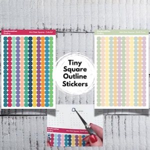 May include: Two sticker sheets with colorful and pastel tiny square outline stickers. The colorful sheet has rows of red, teal, purple, green, yellow, orange, and blue circles. The pastel sheet has rows of light green, yellow, pink, and purple circles. The text "Tiny Square Outline Stickers" is in the center.