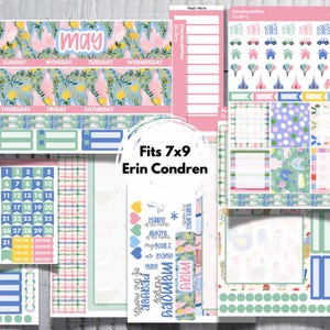 May include: A planner sticker kit for Erin Condren 7x9 planners. The kit features a May theme with floral and geometric patterns in pink, blue, and green. Includes date stickers, functional stickers, and decorative elements. The text "May" is visible.