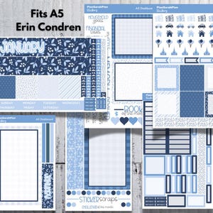 May include: A set of blue and white planner stickers with a January theme. The stickers include a monthly calendar, a weekly planner, a dashboard, and a set of decorative stickers. The stickers are designed for use with A5 planners.