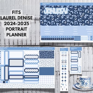 May include: A blue and white planner with a floral design and the word "January" in a white box. The planner is labeled "LD Monthly (Six) 2024-2025 Portrait Planner".