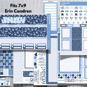 May include: A collection of planner stickers in shades of blue, featuring floral patterns, calendar dates, and decorative elements. The stickers include the month of January, with the text "Fits 7x9 Erin Condren".