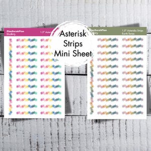 May include: Two sticker sheets labeled Asterisk Strips Mini Sheet. The left sheet has a magenta header with rainbow-colored asterisk flower strips. The right sheet has an olive green header with earth-toned asterisk flower strips on white paper.