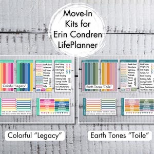 May include: Two sets of planner stickers for Erin Condren LifePlanner. One set is labeled "Colorful Legacy" with bright colors. The other set is labeled "Earth Tones Toile" with muted colors. Both sets include stickers for various planning needs.