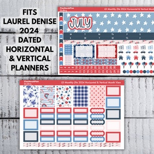 May include: A set of July 2024 monthly planner stickers in a red, white, and blue color scheme with stars, stripes, and floral patterns. The stickers are designed to fit both horizontal and vertical planners. The text "LD Monthly (fits 2024 Horizontal & Vertical Month View" is printed on the sticker sheet.