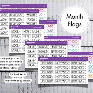 May include: A collection of monthly flag stickers with the text "Month Flags." Each sticker, .45 inches tall, features a month name in a banner design. The stickers are organized by quarter, with 5 stickers per month, totaling 60 stickers.