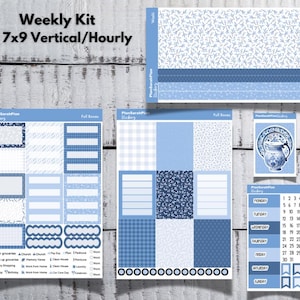 May include: A weekly planner kit with blue and white patterned stickers. The kit includes a full box of stickers, a weekly planner, and a daily planner. The stickers feature a variety of designs, including gingham, floral, and polka dots. The kit is perfect for organizing your week and keeping track of your schedule.