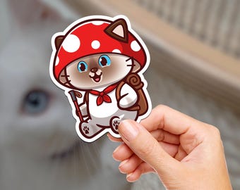 Mushroom Cat Vinyl Sticker, Laptop Decal