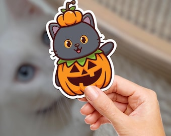 Adesivo de vinil com gatinho de abóbora de Halloween: decalque à prova d'água para laptop