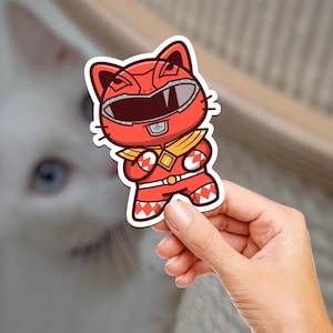 Red Power Cartoon Kitty / Cat / Water Bottle Sticker / Journaling / Scrapbooking / Vinyl Sticker / Laptop / Phone / Waterproof / Kawaii