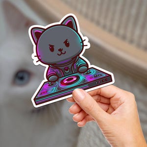DJ Kitty / Gato / Adesivo Hydroflask / Journaling / Scrapbooking / Adesivo de vinil / Laptop / Telefone / À prova d'água / EDM / Dubstep / Música Techno
