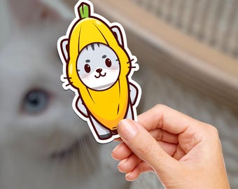 Pegatina de vinilo impermeable de gato banana: adorable calcomanía para portátil