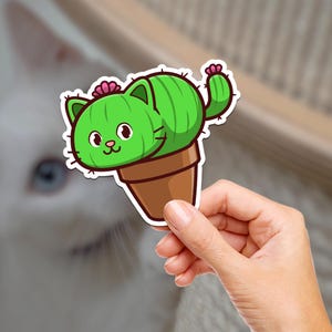 Kaktus Kitty Blumentopf Vinyl Aufkleber, niedlicher Katzen Wasserflasche Hydroflask Aufkleber, Kätzchen Journal Aufkleber, Katzenmutter Geschenke, wasserdichter Aufkleber