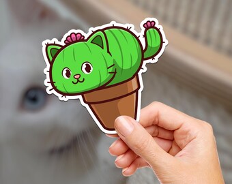 Cactus Kitty Vinyl Sticker, Waterproof Cat Plant Decal