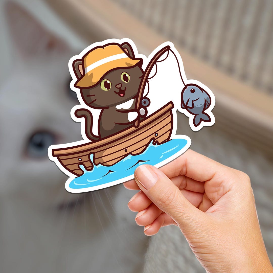 Fisherman Kitty Vinyl Sticker: Waterproof Cat Laptop Decal - Etsy