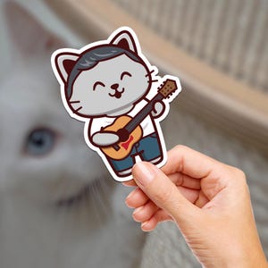 Kitty akoestische gitaar / kat / sticker Hydroflask / journaling / scrapbooking / vinylsticker / laptop / telefoon / waterdicht / hipstermuziek
