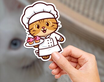 Bakery Kitty Waterproof Vinyl Sticker: Chef Cat with Cupcakes