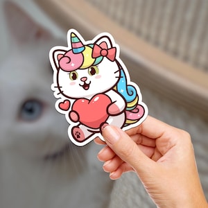 Kitty licorne arc-en-ciel / Chat / Bouteille d'eau / Tenir un journal / Scrapbooking / Autocollant en vinyle / Ordinateur portable / Téléphone / Étanche / Mignon / Coeur rose