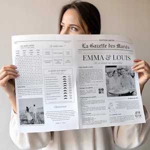 Peut inclure: Une annonce de mariage de style journal, intitulée "La Gazette des Mariés", avec les noms "EMMA & LOUIS". L'annonce comprend une photo du couple, une recherche de mots et des éléments interactifs.