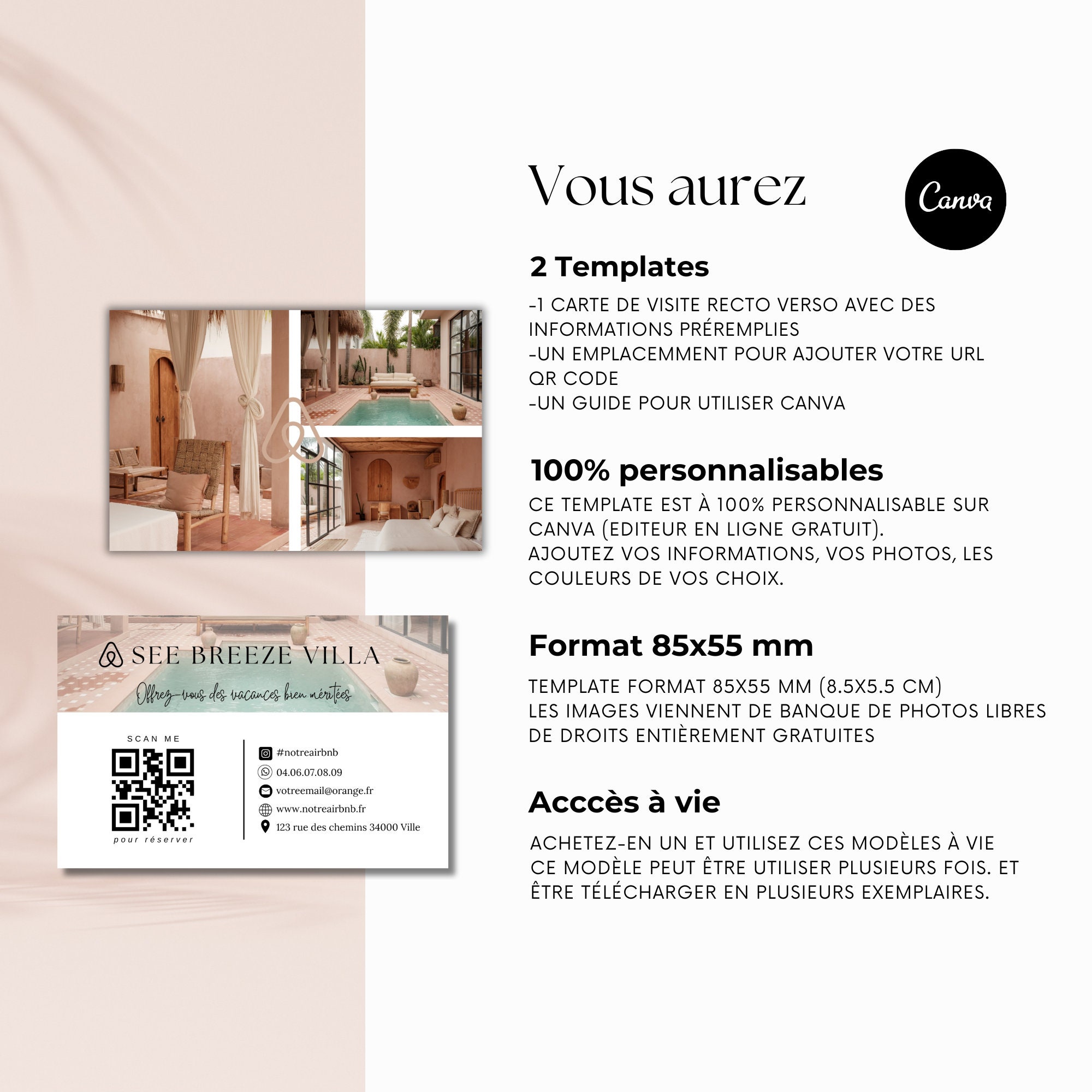 AIRBNB Carte de visite Airbnb location saisonnière avec emplacement QR code, pour une