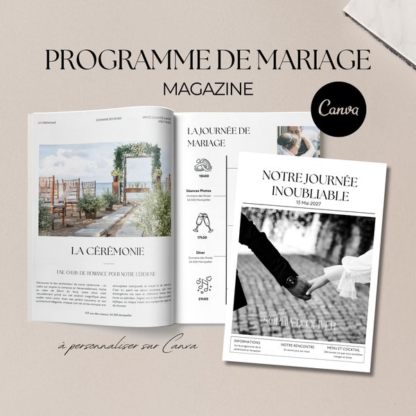 27 Page Wedding Program Magazine in French | An elegant booklet template for Your Guests, customizable on Canva