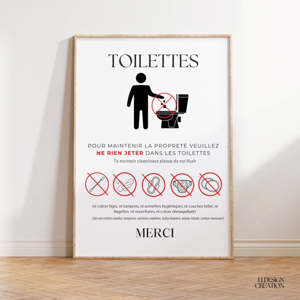 Affiches pour toilettes Ne rien jeter dans les toilettes Airbnb à imprimer pour invités | Poster wc | Salle de bain | en français et anglais